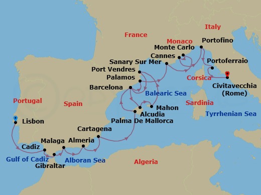 19 Night - Star Collector : Spanish Spectacular & Riviera Reveries - Star Legend - Starting in Lisbon, Cadiz, Gibraltar, Malaga, Almeria, Granada, Cartagena ES, Palma De Mallorca, Barcelona, Alcudia, Mallorca, Mahon, Port Vendres, Barcelona, Palamos, Sanary-sur-mer, Monte Carlo, Cannes, Portofino, Portoferraio, Civitavecchia, Rome itinerary map