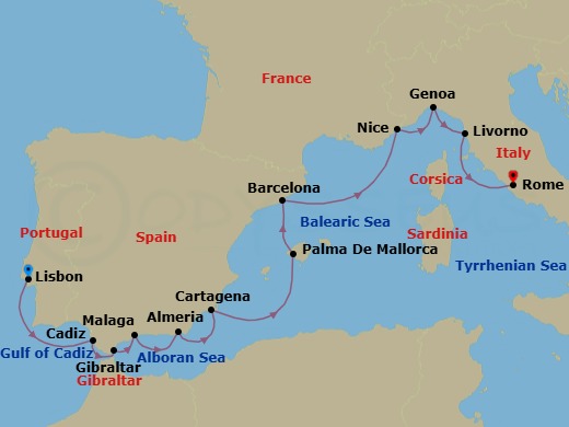 15 Night - Star Collector : Iberian Charm, Italian Elegance & Riviera Nights - Star Legend - Starting in Lisbon, Cadiz, Gibraltar, Malaga, Almeria, Granada, Cartagena ES, Palma De Mallorca, Barcelona, Nice, Genoa, Livorno, Civitavecchia, Rome itinerary map
