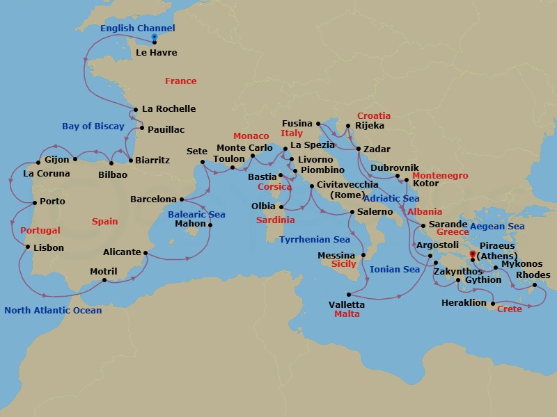 42 Night - Mediterranean Meandering - Oceania Insignia - Starting in Paris (Le Havre), La Rochelle, France, Bordeaux (Pauillac), Biarritz (Saint-Jean-De-Luz), Bilbao, Gijon, Spain, La Coruna, Oporto, Lisbon, Granada (Motril), Alicante, Mahon (Menorca), Barcelona, Sete, Toulon, Monte Carlo, Cinque Terre (La Spezia), Florence / Pisa / Tuscany (Livorno), Piombino (Tuscany), Bastia (Corsica), Olbia / Porto Cervo (Sardinia), Rome (Civitavecchia), Salerno, Messina (Sicily), Valletta, Argostoli (Cephalonia), Sarande, Kotor, Dubrovnik, Croatia, Zadar, Venice (Fusina), Rijeka, Zadar, Zakynthos, Gythion, Heraklion (Crete), Rhodes, Mykonos, Athens (Piraeus) itinerary map