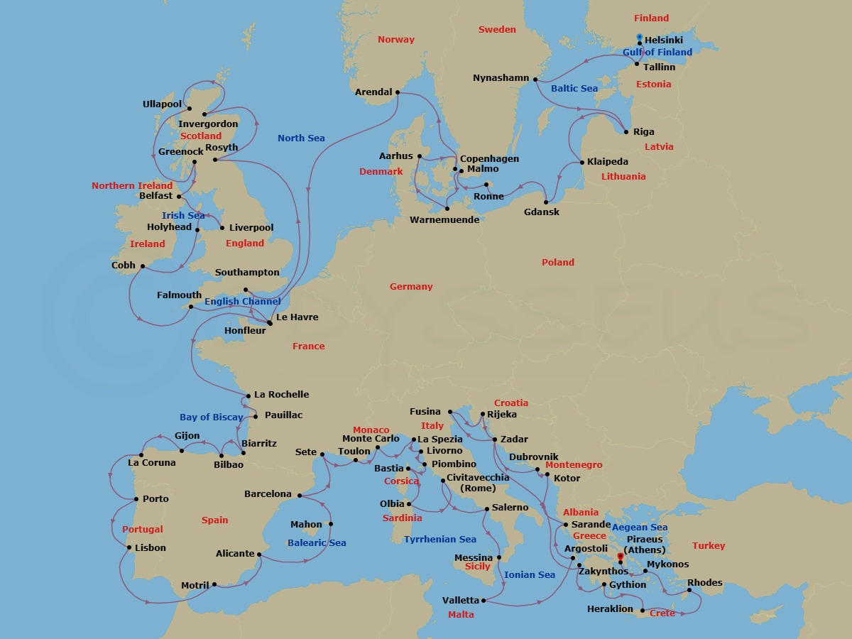 67 Night - Continental Encounters - Oceania Insignia - Starting in Helsinki, Tallinn, Stockholm (Nynashamn), Riga, Klaipeda, Gdansk, Ronne (Bornholm), Malmo, Berlin (Warnemunde), Aarhus, Copenhagen, Arendal, Paris (Honfleur), London (Southampton), Edinburgh (Rosyth), Invergordon, United Kingdom, Ullapool, Glasgow (Greenock), Belfast, Liverpool, Holyhead, Cork (Cobh), Falmouth (Cornwall), Paris (Le Havre), La Rochelle, France, Bordeaux (Pauillac), Biarritz (Saint-Jean-De-Luz), Bilbao, Gijon, Spain, La Coruna, Oporto, Lisbon, Granada (Motril), Alicante, Mahon (Menorca), Barcelona, Sete, Toulon, Monte Carlo, Cinque Terre (La Spezia), Florence / Pisa / Tuscany (Livorno), Piombino (Tuscany), Bastia (Corsica), Olbia / Porto Cervo (Sardinia), Rome (Civitavecchia), Salerno, Messina (Sicily), Valletta, Argostoli (Cephalonia), Sarande, Kotor, Dubrovnik, Croatia, Zadar, Venice (Fusina), Rijeka, Zadar, Zakynthos, Gythion, Heraklion (Crete), Rhodes, Mykonos, Athens (Piraeus) itinerary map