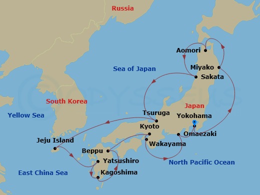 14 Night - Grand Circle Japan with Fall Foliage - Diamond Princess - Starting in Tokyo (Yokohama), Japan, Miyako, Japan, Aomori, Japan, Sakata, Japan, Tsuruga, Japan, Jeju (Seogwipo), South Korea, Yatsushiro, Japan, Kagoshima, Japan, Beppu, Japan, Osaka (for Kyoto), Japan, Wakayama, Japan, Omaezaki, Japan, Tokyo (Yokohama), Japan itinerary map