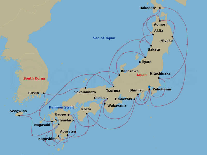 28 Night - Ultimate Circle Japan with Fall Foliage - Diamond Princess - Starting in Tokyo (Yokohama), Japan, Hitachinaka (for Nikko), Japan, Hakodate, Japan, Akita, Japan, Niigata, Japan, Kanazawa, Japan, Sakaiminato, Japan, Busan, South Korea, Nagasaki, Japan, Miyazaki (Aburatsu), Japan, Kochi, Japan, Shimizu (for Mount Fuji), Japan, Tokyo (Yokohama), Japan, Miyako, Japan, Aomori, Japan, Sakata, Japan, Tsuruga, Japan, Jeju (Seogwipo), South Korea, Yatsushiro, Japan, Kagoshima, Japan, Beppu, Japan, Osaka (for Kyoto), Japan, Wakayama, Japan, Omaezaki, Japan, Tokyo (Yokohama), Japan itinerary map