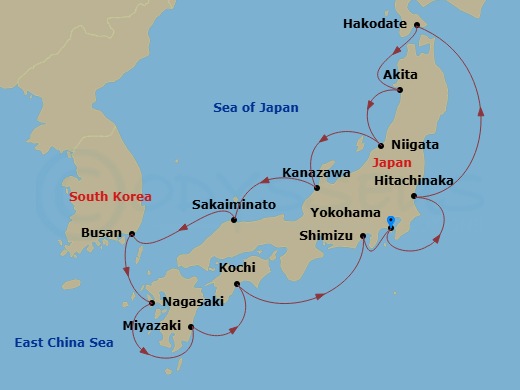 14 Night - Grand Circle Japan with Fall Foliage - Diamond Princess - Starting in Tokyo (Yokohama), Japan, Hitachinaka (for Nikko), Japan, Hakodate, Japan, Akita, Japan, Niigata, Japan, Kanazawa, Japan, Sakaiminato, Japan, Busan, South Korea, Nagasaki, Japan, Miyazaki (Aburatsu), Japan, Kochi, Japan, Shimizu (for Mount Fuji), Japan, Tokyo (Yokohama), Japan itinerary map