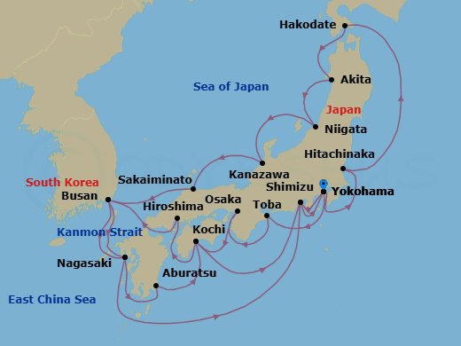 24 Night - Ultimate Circle Japan with Fall Foliage - Diamond Princess - Starting in Tokyo (Yokohama), Japan, Toba, Japan, Osaka (for Kyoto), Japan, Kochi, Japan, Hiroshima, Japan, Kanmon Straits, Japan, Busan, South Korea, Nagasaki, Japan, Shimizu (for Mount Fuji), Japan, Tokyo (Yokohama), Japan, Hitachinaka (for Nikko), Japan, Hakodate, Japan, Akita, Japan, Niigata, Japan, Kanazawa, Japan, Sakaiminato, Japan, Busan, South Korea, Nagasaki, Japan, Miyazaki (Aburatsu), Japan, Kochi, Japan, Shimizu (for Mount Fuji), Japan, Tokyo (Yokohama), Japan itinerary map