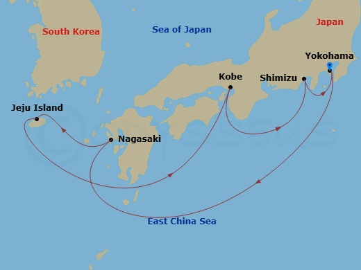 7 Night - Japan & Korea - Diamond Princess - Starting in Tokyo (Yokohama), Japan, Nagasaki, Japan, Jeju (Seogwipo), South Korea, Kobe (for Kyoto), Japan, Shimizu (for Mount Fuji), Japan, Tokyo (Yokohama), Japan itinerary map