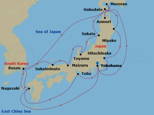 21 Night - Grand Circle Japan Cherry Blossoms - Diamond Princess - Starting in Tokyo (Yokohama), Japan, Toba, Japan, Nagasaki, Japan, Busan, South Korea, Sakaiminato, Japan, Maizuru, Japan, Toyama (Fushiki), Japan, Sakata, Japan, Hakodate, Japan, Miyako, Japan, Hitachinaka (for Nikko), Japan, Tokyo (Yokohama), Japan, Aomori, Japan, Muroran, Japan, Hakodate, Japan, Busan, South Korea, Nagasaki, Japan, Tokyo (Yokohama), Japan itinerary map