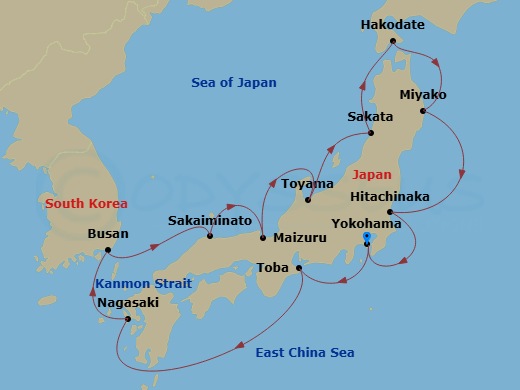 12 Night - Circle Japan Cherry Blossoms - Diamond Princess - Starting in Tokyo (Yokohama), Japan, Toba, Japan, Nagasaki, Japan, Busan, South Korea, Sakaiminato, Japan, Maizuru, Japan, Toyama (Fushiki), Japan, Sakata, Japan, Hakodate, Japan, Miyako, Japan, Hitachinaka (for Nikko), Japan, Tokyo (Yokohama), Japan itinerary map