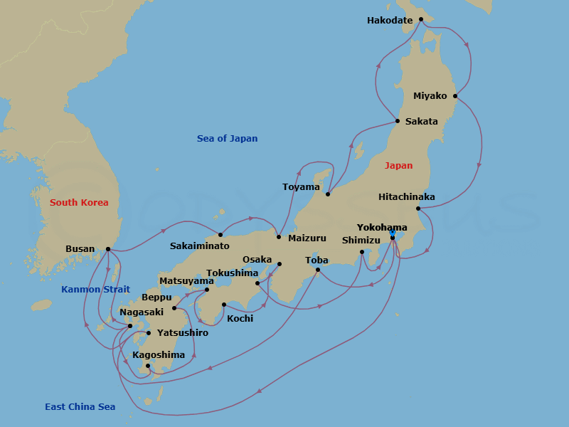 24 Night - Grand Circle Japan Cherry Blossoms - Diamond Princess - Starting in Tokyo (Yokohama), Japan, Yatsushiro, Japan, Busan, South Korea, Nagasaki, Japan, Kagoshima, Japan, Beppu, Japan, Matsuyama, Japan, Kochi, Japan, Osaka (for Kyoto), Japan, Tokushima, Japan, Shimizu (for Mount Fuji), Japan, Tokyo (Yokohama), Japan, Toba, Japan, Nagasaki, Japan, Busan, South Korea, Sakaiminato, Japan, Maizuru, Japan, Toyama (Fushiki), Japan, Sakata, Japan, Hakodate, Japan, Miyako, Japan, Hitachinaka (for Nikko), Japan, Tokyo (Yokohama), Japan itinerary map