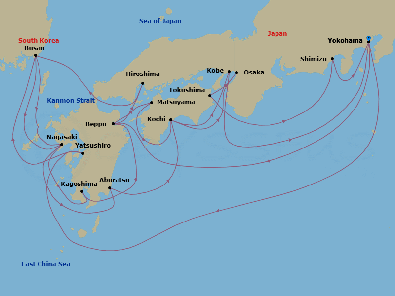 23 Night - Grand Japan Cherry Blossoms - Diamond Princess - Starting in Tokyo (Yokohama), Japan, Beppu, Japan, Hiroshima, Japan, Kanmon Straits, Japan, Busan, South Korea, Nagasaki, Japan, Miyazaki (Aburatsu), Japan, Kochi, Japan, Kobe (for Kyoto), Japan, Tokyo (Yokohama), Japan, Yatsushiro, Japan, Busan, South Korea, Nagasaki, Japan, Kagoshima, Japan, Beppu, Japan, Matsuyama, Japan, Kochi, Japan, Osaka (for Kyoto), Japan, Tokushima, Japan, Shimizu (for Mount Fuji), Japan, Tokyo (Yokohama), Japan itinerary map