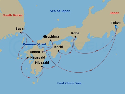 11 Night - Japan Explorer Cherry Blossoms - Diamond Princess - Starting in Tokyo (Yokohama), Japan, Beppu, Japan, Hiroshima, Japan, Kanmon Straits, Japan, Busan, South Korea, Nagasaki, Japan, Miyazaki (Aburatsu), Japan, Kochi, Japan, Kobe (for Kyoto), Japan, Tokyo (Yokohama), Japan itinerary map