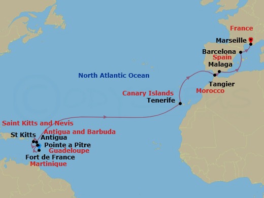 16 Night - Transatlantic from Fort De France - Costa Favolosa - Starting in Martinique (Antilles), Martinique Bay, Guadeloupe (Antilles), St Kitts (Antilles), Antigua (Antilles), Santa Cruz / Tenerife, Tangier, Morocco, Malaga, Spain, Barcelona, Spain, Marseille, France itinerary map