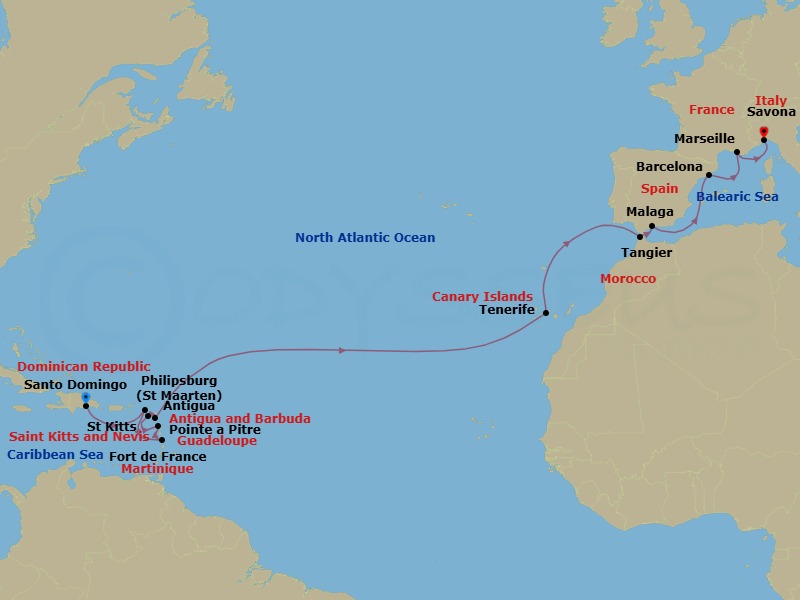 20 Night - Transatlantic from Santo Domingo - Costa Favolosa - Starting in Santo Domingo, Dominican Republic, Philipsburg, Martinique (Antilles), Martinique Bay, Guadeloupe (Antilles), St Kitts (Antilles), Antigua (Antilles), Santa Cruz / Tenerife, Tangier, Morocco, Malaga, Spain, Barcelona, Spain, Balearic sea darkest spot, Marseille, France, Savona, Italy itinerary map