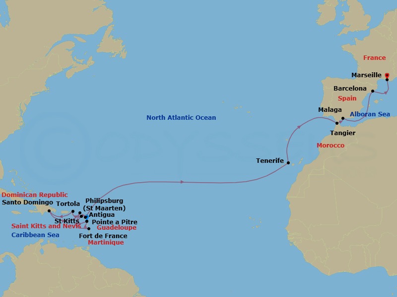 22 Night - Transatlantic from Pointe a Pitre - Costa Favolosa - Starting in Guadeloupe (Antilles), St Kitts (Antilles), Road Harbour / Tortola, Santo Domingo, Dominican Republic, Philipsburg, Martinique (Antilles), Martinique Bay, Guadeloupe (Antilles), St Kitts (Antilles), Antigua (Antilles), Santa Cruz / Tenerife, Tangier, Morocco, Malaga, Spain, Barcelona, Spain, Balearic sea darkest spot, Marseille, France itinerary map