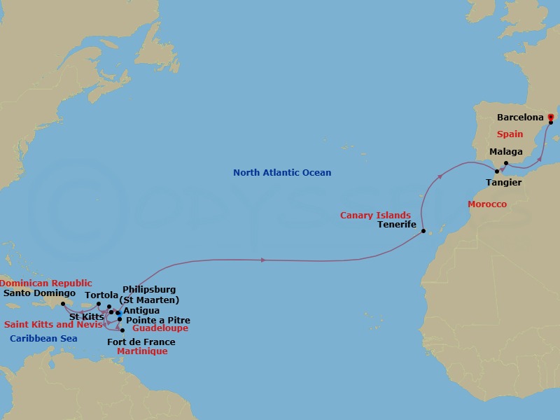 21 Night - Transatlantic from Pointe a Pitre - Costa Favolosa - Starting in Guadeloupe (Antilles), St Kitts (Antilles), Road Harbour / Tortola, Santo Domingo, Dominican Republic, Philipsburg, Martinique (Antilles), Martinique Bay, Guadeloupe (Antilles), St Kitts (Antilles), Antigua (Antilles), Santa Cruz / Tenerife, Tangier, Morocco, Malaga, Spain, Barcelona, Spain itinerary map