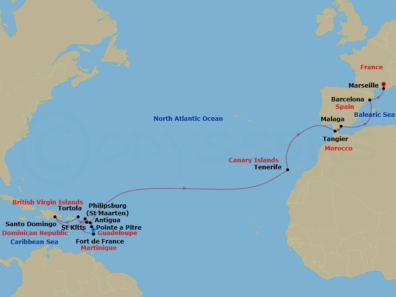 23 Night - Transatlantic from Fort De France - Costa Favolosa - Starting in Martinique (Antilles), Martinique Bay, Guadeloupe (Antilles), St Kitts (Antilles), Road Harbour / Tortola, Santo Domingo, Dominican Republic, Philipsburg, Martinique (Antilles), Martinique Bay, Guadeloupe (Antilles), St Kitts (Antilles), Antigua (Antilles), Santa Cruz / Tenerife, Tangier, Morocco, Malaga, Spain, Barcelona, Spain, Balearic sea darkest spot, Marseille, France itinerary map