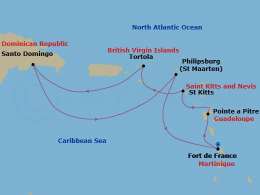 7 Night - Western Caribbean from Fort De France - Costa Favolosa - Starting in Martinique (Antilles), Martinique Bay, Guadeloupe (Antilles), St Kitts (Antilles), Road Harbour / Tortola, Santo Domingo, Dominican Republic, Philipsburg, Martinique (Antilles) itinerary map