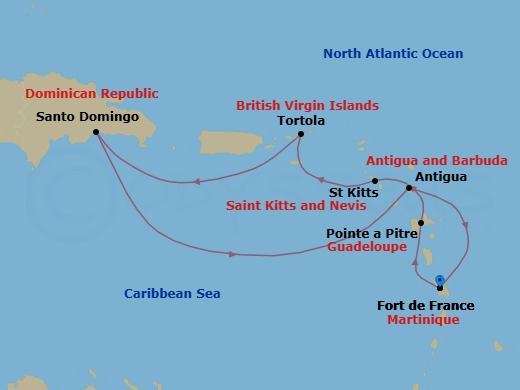 7 Night - Western Caribbean from Fort De France - Costa Favolosa - Starting in Martinique (Antilles), Martinique Bay, Guadeloupe (Antilles), St Kitts (Antilles), Road Harbour / Tortola, Santo Domingo, Dominican Republic, Antigua (Antilles), Antigua Bay, Martinique (Antilles) itinerary map