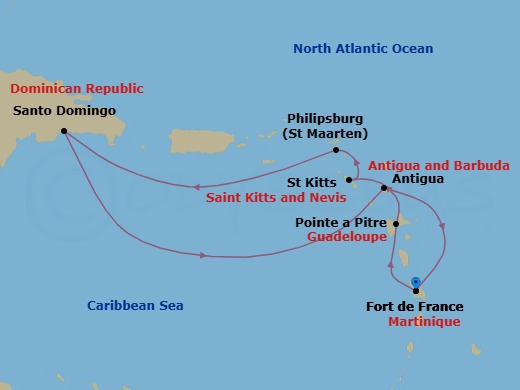 7 Night - Western Caribbean from Fort De France - Costa Favolosa - Starting in Martinique (Antilles), Martinique Bay, Guadeloupe (Antilles), St Kitts (Antilles), Philipsburg, Santo Domingo, Dominican Republic, Antigua (Antilles), Antigua Bay, Martinique (Antilles) itinerary map