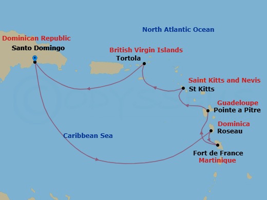 7 Night - Western Caribbean from Santo Domingo - Costa Favolosa - Starting in Santo Domingo, Dominican Republic, Roseau, Dominica, Martinique (Antilles), Martinique Bay, Guadeloupe (Antilles), St Kitts (Antilles), Road Harbour / Tortola, Santo Domingo, Dominican Republic itinerary map