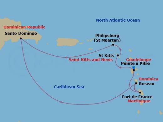 7 Night - Western Caribbean from Pointe a Pitre - Costa Favolosa - Starting in Guadeloupe (Antilles), St Kitts (Antilles), Philipsburg, Santo Domingo, Dominican Republic, Roseau, Dominica, Martinique (Antilles), Martinique Bay, Guadeloupe (Antilles) itinerary map