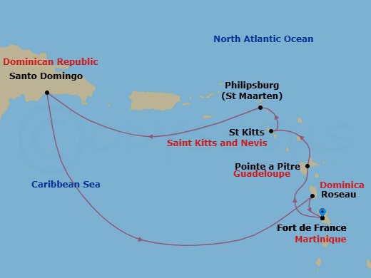 7 Night - Western Caribbean from Fort De France - Costa Favolosa - Starting in Martinique (Antilles), Martinique Bay, Guadeloupe (Antilles), St Kitts (Antilles), Philipsburg, Santo Domingo, Dominican Republic, Roseau, Dominica, Martinique (Antilles) itinerary map