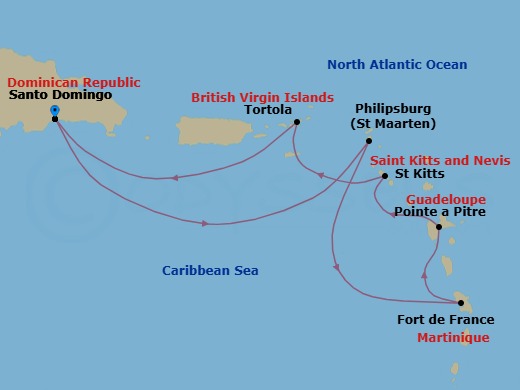 7 Night - Western Caribbean from Santo Domingo - Costa Favolosa - Starting in Santo Domingo, Dominican Republic, Philipsburg, Martinique (Antilles), Martinique Bay, Guadeloupe (Antilles), St Kitts (Antilles), Road Harbour / Tortola, Santo Domingo, Dominican Republic itinerary map