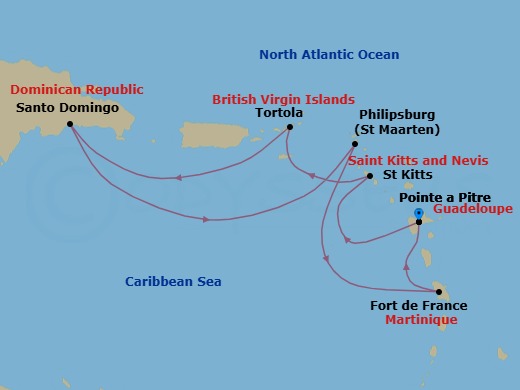 7 Night - Western Caribbean from Pointe a Pitre - Costa Favolosa - Starting in Guadeloupe (Antilles), St Kitts (Antilles), Road Harbour / Tortola, Santo Domingo, Dominican Republic, Philipsburg, Martinique (Antilles), Martinique Bay, Guadeloupe (Antilles) itinerary map