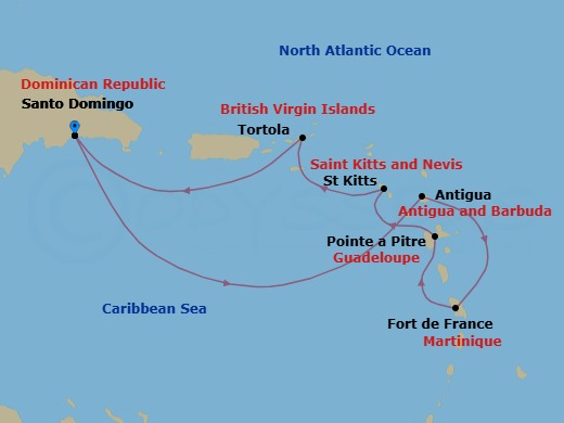 7 Night - Western Caribbean from Santo Domingo - Costa Favolosa - Starting in Santo Domingo, Dominican Republic, Antigua (Antilles), Antigua Bay, Martinique (Antilles), Martinique Bay, Guadeloupe (Antilles), St Kitts (Antilles), Road Harbour / Tortola, Santo Domingo, Dominican Republic itinerary map