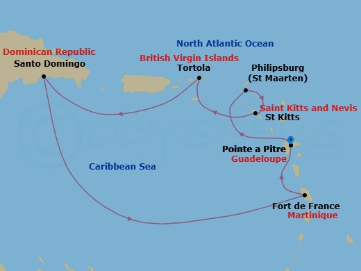 7 Night - Western Caribbean from Pointe a Pitre - Costa Favolosa - Starting in Guadeloupe (Antilles), Philipsburg, St Kitts (Antilles), Road Harbour / Tortola, Santo Domingo, Dominican Republic, Martinique (Antilles), Martinique Bay, Guadeloupe (Antilles) itinerary map