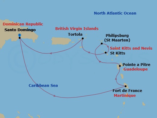 7 Night - Western Caribbean from Santo Domingo - Costa Favolosa - Starting in Santo Domingo, Dominican Republic, Martinique (Antilles), Martinique Bay, Guadeloupe (Antilles), Philipsburg, St Kitts (Antilles), Road Harbour / Tortola, Santo Domingo, Dominican Republic itinerary map