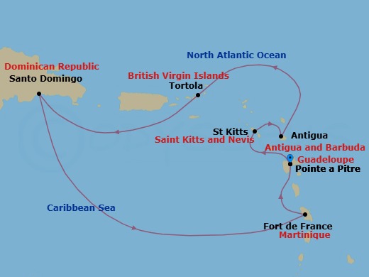7 Night - Western Caribbean from Pointe a Pitre - Costa Favolosa - Starting in Guadeloupe (Antilles), St Kitts (Antilles), Antigua (Antilles), Antigua Bay, Road Harbour / Tortola, Santo Domingo, Dominican Republic, Martinique (Antilles), Martinique Bay, Guadeloupe (Antilles) itinerary map