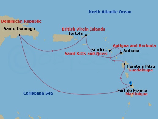 7 Night - Western Caribbean from Fort De France - Costa Favolosa - Starting in Martinique (Antilles), Martinique Bay, Guadeloupe (Antilles), St Kitts (Antilles), Antigua (Antilles), Antigua Bay, Road Harbour / Tortola, Santo Domingo, Dominican Republic, Martinique (Antilles) itinerary map