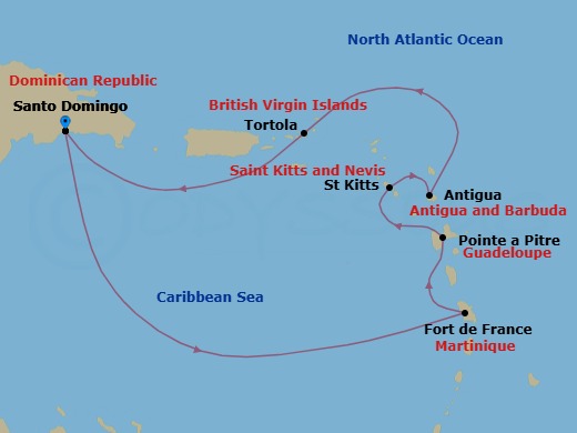 7 Night - Western Caribbean from Santo Domingo - Costa Favolosa - Starting in Santo Domingo, Dominican Republic, Martinique (Antilles), Martinique Bay, Guadeloupe (Antilles), St Kitts (Antilles), Antigua (Antilles), Antigua Bay, Road Harbour / Tortola, Santo Domingo, Dominican Republic itinerary map