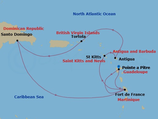 8 Night - Western Caribbean from Pointe a Pitre - Costa Favolosa - Starting in Guadeloupe (Antilles), Martinique (Antilles), St Kitts (Antilles), Antigua (Antilles), Antigua Bay, Road Harbour / Tortola, Santo Domingo, Dominican Republic, Martinique (Antilles), Martinique Bay, Guadeloupe (Antilles) itinerary map