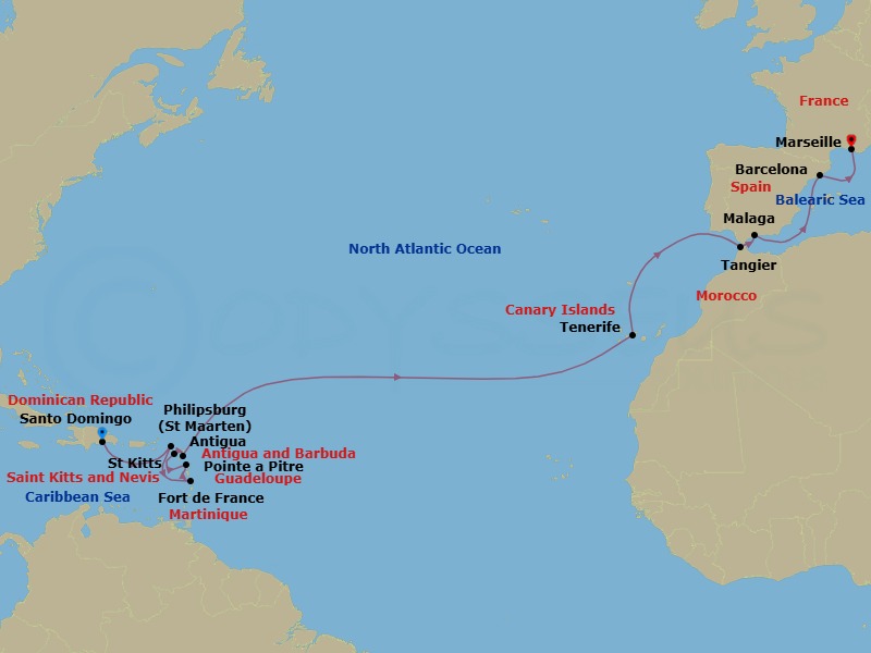 19 Night - Transatlantic from Santo Domingo - Costa Favolosa - Starting in Santo Domingo, Dominican Republic, Philipsburg, Martinique (Antilles), Martinique Bay, Guadeloupe (Antilles), St Kitts (Antilles), Antigua (Antilles), Santa Cruz / Tenerife, Tangier, Morocco, Malaga, Spain, Barcelona, Spain, Balearic sea darkest spot, Marseille, France itinerary map
