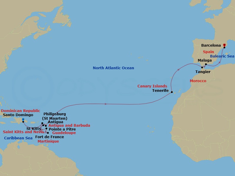18 Night - Transatlantic from Santo Domingo - Costa Favolosa - Starting in Santo Domingo, Dominican Republic, Philipsburg, Martinique (Antilles), Martinique Bay, Guadeloupe (Antilles), St Kitts (Antilles), Antigua (Antilles), Santa Cruz / Tenerife, Tangier, Morocco, Malaga, Spain, Barcelona, Spain itinerary map