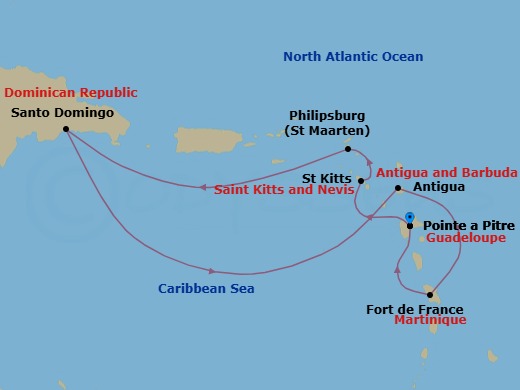 7 Night - Western Caribbean from Pointe a Pitre - Costa Favolosa - Starting in Guadeloupe (Antilles), St Kitts (Antilles), Philipsburg, Santo Domingo, Dominican Republic, Antigua (Antilles), Antigua Bay, Martinique (Antilles), Martinique Bay, Guadeloupe (Antilles) itinerary map