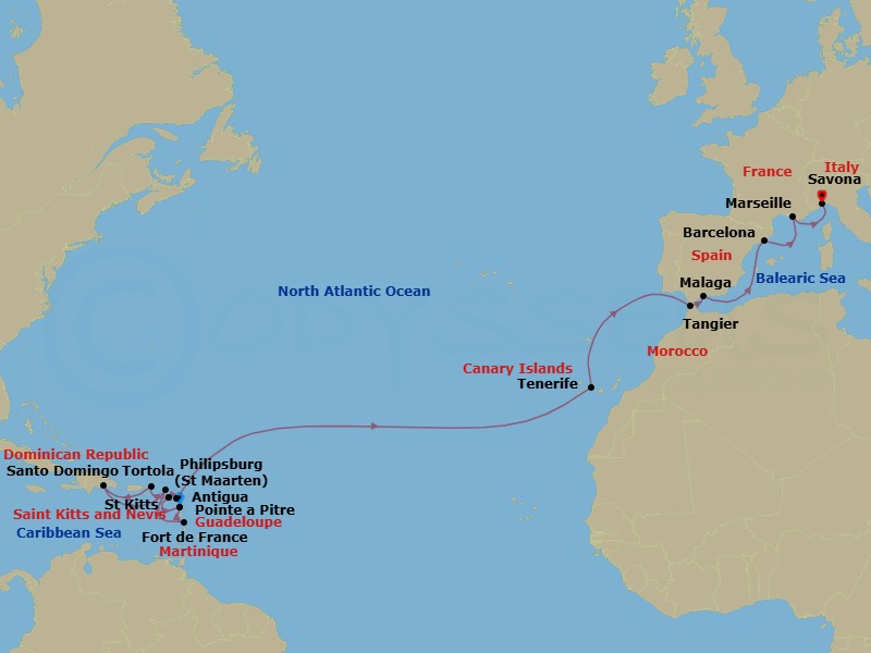 23 Night - Transatlantic from Pointe a Pitre - Costa Favolosa - Starting in Guadeloupe (Antilles), St Kitts (Antilles), Road Harbour / Tortola, Santo Domingo, Dominican Republic, Philipsburg, Martinique (Antilles), Martinique Bay, Guadeloupe (Antilles), St Kitts (Antilles), Antigua (Antilles), Santa Cruz / Tenerife, Tangier, Morocco, Malaga, Spain, Barcelona, Spain, Balearic sea darkest spot, Marseille, France, Savona, Italy itinerary map
