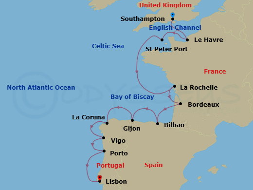 13 Night - Sparkling Wines & Glimmering Seas - Seven Seas Splendor - Starting in London (Southampton), Paris (Le Havre), St Peter Port, Guernsey, Cruising the English Channel and Bay of Biscay, La Rochelle, France, Bordeaux, Cruising the Bay of Biscay, Bilbao, Gijon, Spain, La Coruna, Vigo, Oporto, Lisbon itinerary map
