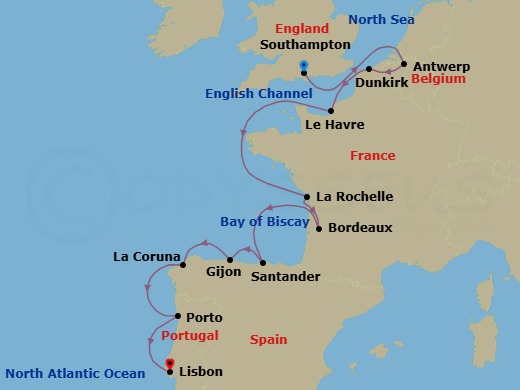 13 Night - Storybook Villages & Worldclass Art - Seven Seas Voyager - Starting in London (Southampton), Cruising the North Sea, Antwerp, Dunkirk, Paris (Le Havre), Cruising the English Channel and Bay of Biscay, La Rochelle, France, Bordeaux, Santander, Gijon, Spain, La Coruna, Oporto, Lisbon itinerary map