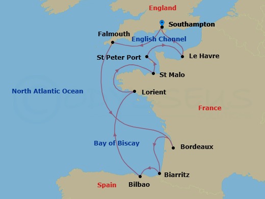 12 Night - Gourmet & Glamour - Seven Seas Voyager - Starting in London (Southampton), Falmouth, Cruising the English Channel and Bay of Biscay, Bordeaux, Biarritz (Saint-Jean-De-Luz), Bilbao, Lorient, Cruising the Bay of Biscay and English Channel, Saint-malo, St Peter Port, Guernsey, Paris (Le Havre), London (Southampton) itinerary map