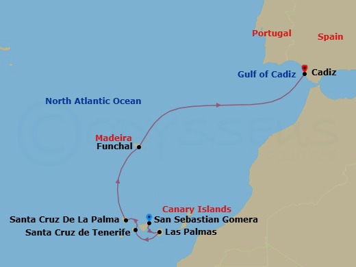 10 Night - The Colorful Canary Islands - Wind Spirit - Starting in Santa Cruz de Tenerife, Las Palmas, Gran Canaria, San Sebastian De La Gomera, Santa Cruz de La Palma, Funchal, Madeira, Cadiz itinerary map