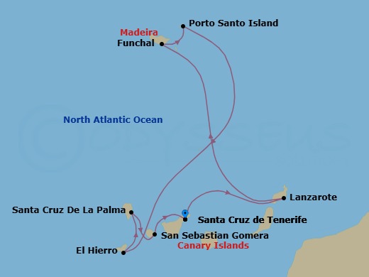 10 Night - Hidden Gems of the Canary Islands & Madeira - Wind Spirit - Starting in Santa Cruz de Tenerife, Arrecife, Lanzarote, Funchal, Madeira, Porto Santo, Madeira, El Hierro / Puerto De La Estaca, Santa Cruz de La Palma, San Sebastian De La Gomera, Santa Cruz de Tenerife itinerary map