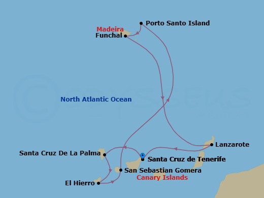 10 Night - Hidden Gems of the Canary Islands & Madeira - Wind Spirit - Starting in Santa Cruz de Tenerife, Santa Cruz de La Palma, El Hierro / Puerto De La Estaca, San Sebastian De La Gomera, Porto Santo, Madeira, Funchal, Madeira, Arrecife, Lanzarote, Santa Cruz de Tenerife itinerary map