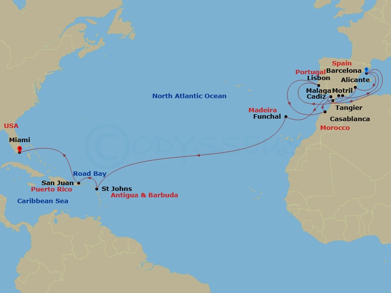 27 Night - A Grand Journey of Colourful Moroccan Shores & Idyllic Caribbean Scenery - EXPLORA I - Starting in Barcelona, Alicante, Lisbon, Casablanca, Tangier, Malaga, Spain, Motril, Barcelona, Cadiz, Funchal (Madeira), St Johns AG, Antigua, Road Bay, San Juan, Miami itinerary map