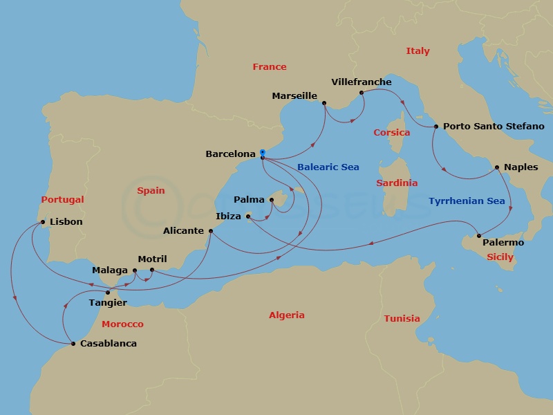 20 Night - An Extended Journey Through Mediterranean Gems & Sun-Hazed Gateways - EXPLORA I - Starting in Barcelona, Marseille, Villefranche-Sur-Mer (Nice), Porto Santo Stefano (Argentario), Port of Naples, Palermo (Sicily), Ibiza, Palma De Mallorca, Barcelona, Alicante, Lisbon, Casablanca, Tangier, Malaga, Spain, Motril, Barcelona itinerary map