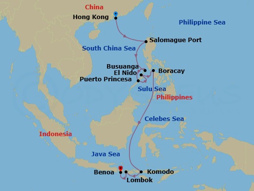 13 Night - Hong Kong / Bali - Luminara - Starting in Hong Kong, Salomague, Busuanga, Puerto Princesa, El Nido (Marina Day), Boracay, Komodo, Lombok, Bali itinerary map