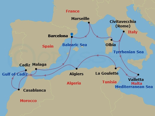 15 Night - Malta, Morocco & the Mediterranean - Viking Vesta - Starting in Barcelona, Marseille, Sardinia (Olbia), Rome (Civitavecchia), Sail the Mediterranean Sea, Valletta, Tunis (La Goulette), Sail the Mediterranean Sea, Algiers, Sail the Strait of Gibraltar, Casablanca, Seville (Cadiz), Granada (Malaga), Sail the Balearic Sea, Barcelona itinerary map