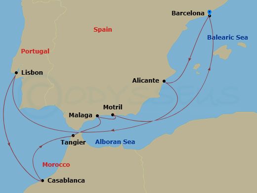 11 Night - A Journey of Beguiling Landscapes & Enchanting Mediterranean Delights - EXPLORA I - Starting in Barcelona, Alicante, Lisbon, Casablanca, Tangier, Malaga, Spain, Motril, Barcelona itinerary map