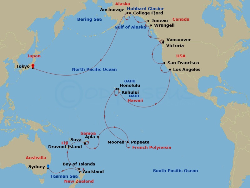 49 Night - Circle Pacific Liner (Sydney to Tokyo) - Grand Princess - Starting in Sydney AU, Auckland, New Zealand, Bay of Islands, New Zealand, Suva, Fiji, Dravuni Island, Fiji, Apia, Western Samoa, Cross International Date Line, Tahiti (Papeete), French Polynesia, Moorea, French Polynesia, Honolulu, Hawaii, Kahului, Hawaii, Los Angeles, California, San Francisco, California, Victoria CA, Vancouver, Canada, Wrangell, Alaska, Juneau, Alaska, Hubbard Glacier (Scenic Cruising), Alaska, College Fjord (Scenic Cruising), Alaska, Anchorage (Whittier), Alaska, Cross International Date Line, Tokyo, Japan itinerary map